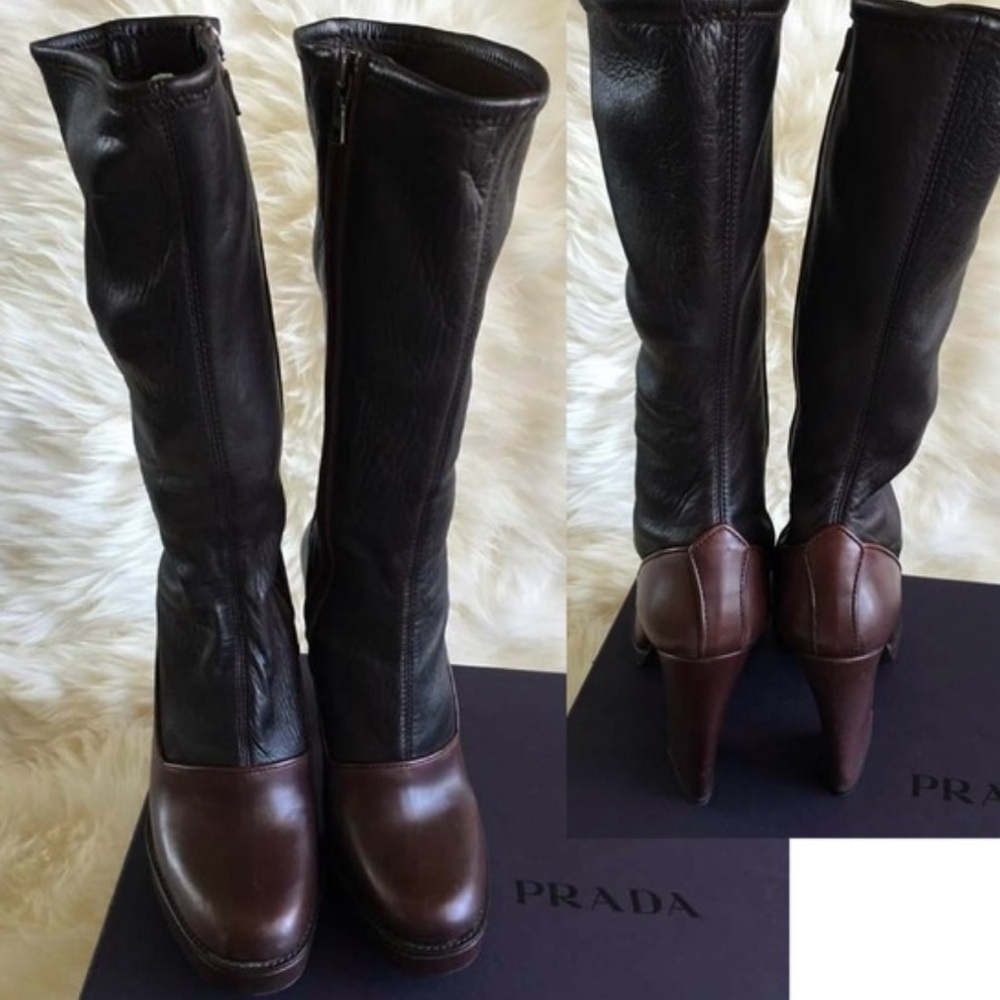 Prada Brown and Black Heeled Boots with Sleek Silhouette